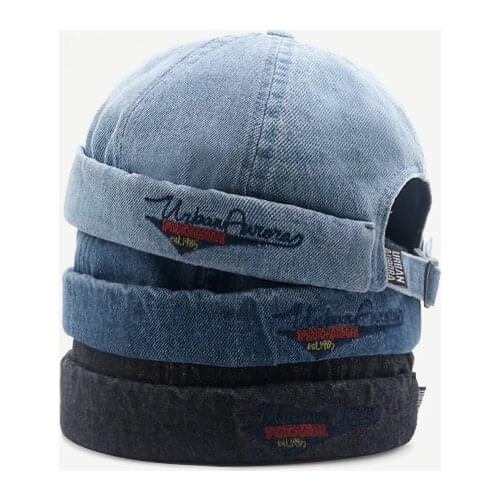 Washed Denim Men Hat Women Docker Cap Beanie Sailor Worker Hat Rolled Cuff Brimless Adjustable Embroidery HipHop Harajuku Casual