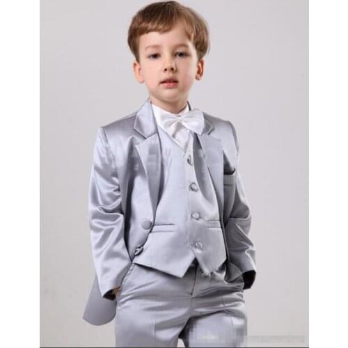 Elegant Silver Satin Wedding Ring Bearer Suits Boys' Formal Occasion Wedding Suits/Kid Two Button Tuxedos/Boys Dress