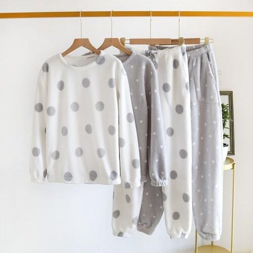 Flannel pajamas womens autumn and winter thickening plus velvet plus size round neck pullover cute home service suit