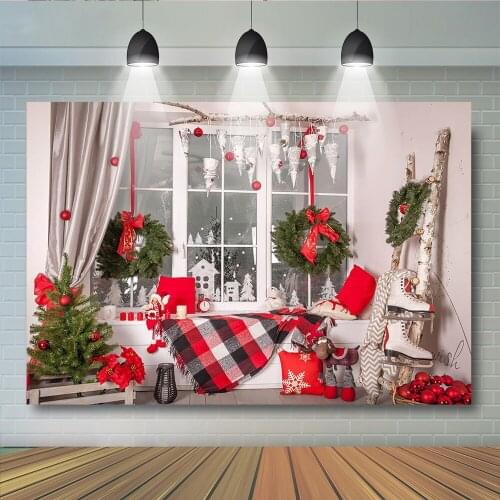 Christmas Tree Backdrop Photography Winter Newborn Window Wood Background for Photo Studio Snow Reinder Photocall