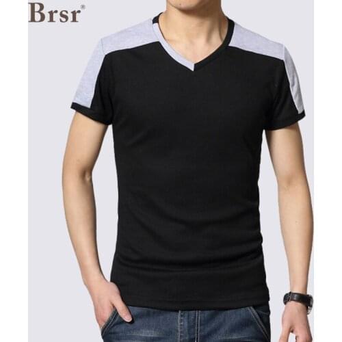Summer Quality Fashion Cotton Man Oversized T-shirt Short Sleeve Patchwork Casual V-neck Male Tee Black Grey Men T Shirt Tshirt