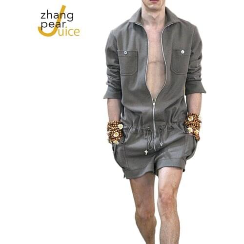 Tide Men Summer Jumpsuit Shorts Sleeves Clothes Personality Fashion Zipper Romper Shorts Jumpsuit