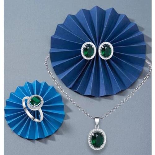 ROLILASON Trendy Green Zircon Earrings / Necklace / Ring / Jewelry Set Fashion Party Gift JS783
