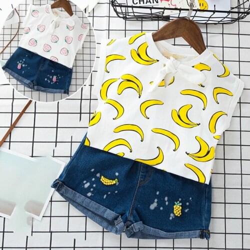 Summer Baby Girl Clothes Banana or Strawberry Pattern T-Shirt + jeans shorts Girls Vest Baby Clothing Kids Outfits Yellow Pink