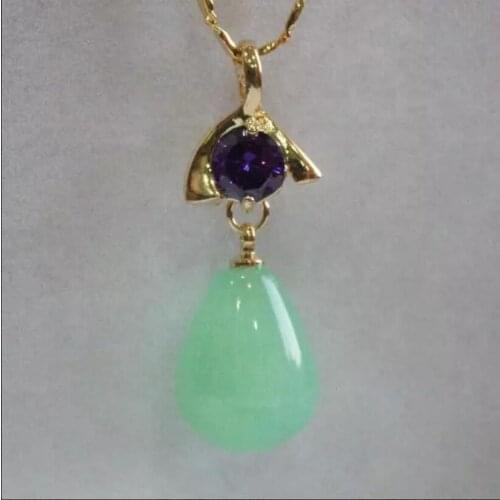 Fashionable gold plated metal inlaid with purple zircon + light green Malay jade Drop Pendant