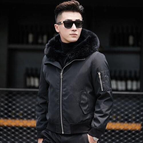 Winter Real Natural Rabbit Fur Coat Men Fox Fur Collar Hood Male Jacket Short Mens Fur Parka High Quality AE18001 KJ812