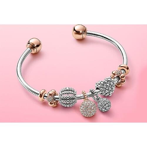 2020 new 100% 925 pure silver pan Fit Hollow-out heart set ball pendant open bracelet fashion high quality Valentines Gift