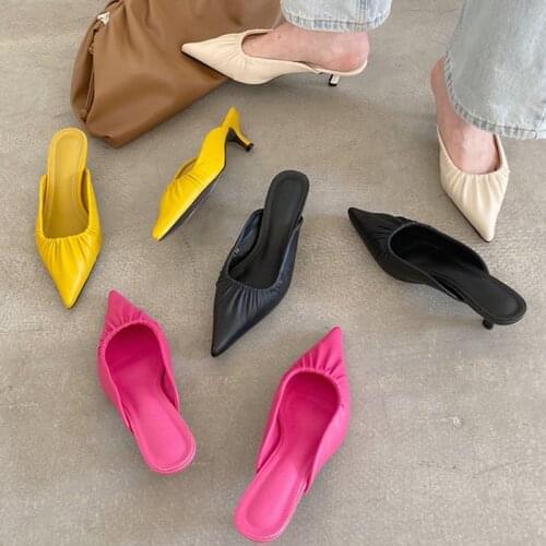 2021 New Women Low Heel Slippers Fashion Mules Shoes Pointed Toe Slides candy color Sandal Ladies Slides Flip Flop Zapatos Mujer