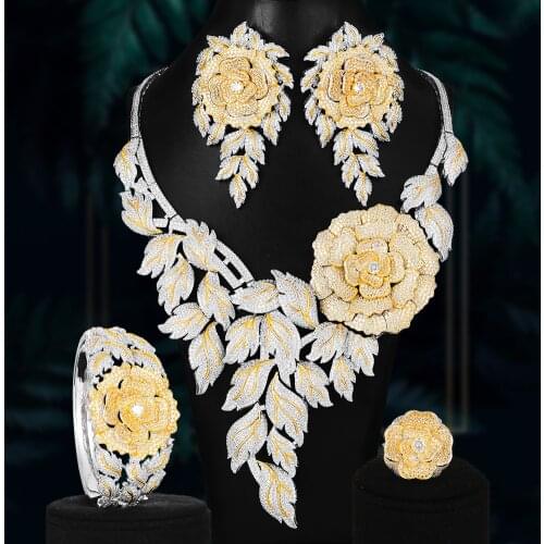 New 4PCS BIG Luxury Bicolor Peony Flowers Statement Jewelry Set For Women Wedding African Cubic Zircon CZ Dubai Bridal Jewelry