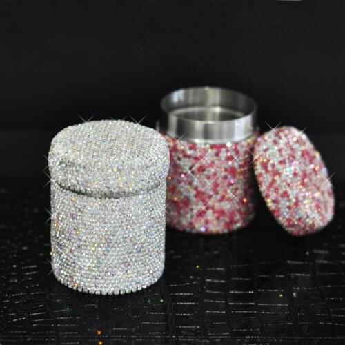 Luxury All Rhinestones Cotton Swab Storage Box Toothpick Holder Bling Round Stainless Steel Cotton Swab Holder Desktop Organizer