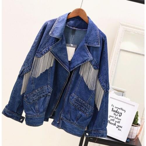 Blue Coat Jeans Jacket Chain Tassel Denim Jacket Women Clothes 2020 Harajuku Spring Loose Bomber Casual Outwear XP005