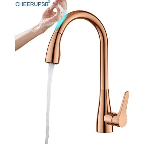 Touch Sensor Faucet Kitchen Pull Out Rose Gold Tap Single Hole Deck Mounted Brass Faucets Modern Luxury Griferia with Sprayer