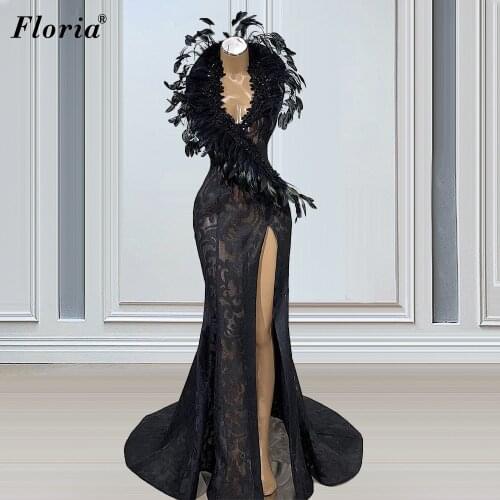 Special Black Celebrity Dresses Long Mermaid Feather Fashion Show Dresses Evening Wear Haute Couture Photography вечерние платья