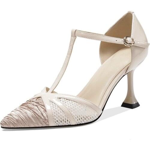 T-strap High Heels Women Pumps Genuine Leather Kitten High Heel Shoes Real Cow Leather Buckle Shoes Lady Size 33-39