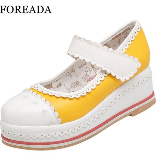 FOREADA Mary Janes Shoes Women Wedges High Heels Pumps Platform Round Toe Ladies Footwear Spring Lovely Casual Shoes 46 Green