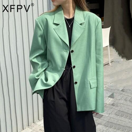 XFPV 2021 New Spring And Autumn Fashion Casual Simple Lapel Single Breasted Suit Top Solid Color Blazer Coat Women SL808