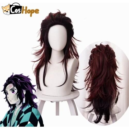 Tanjiro Cosplay Kimetsu No Yaiba Kamado Tanjirou Cosplay Woman Red Brown Wig Cosplay Anime Cosplay Heat Resistant Synthetic Wigs