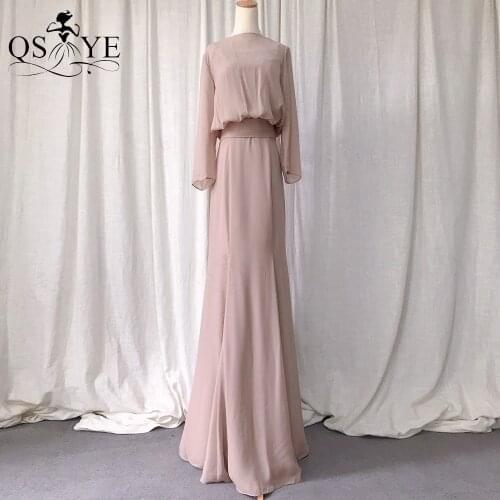 Pink Long Prom Dresses Straight Chiffon Evening Gown Long Sleeves Party Gown Ruched Pleat Women Plus Size Decent Evening Dress