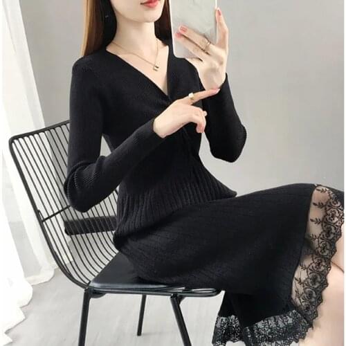 Long Sleeve Knitted Dress Women New Autumn Winter Stitching Lace Sweater Dress Sexy V-neck Plus Size Elegant Lady Dress Vestidos
