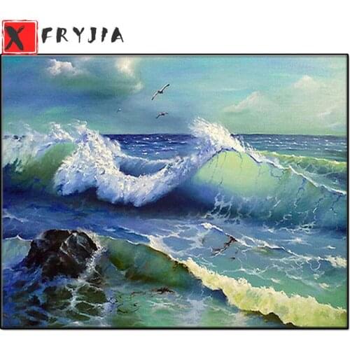 Scenic ocean waves and seagulls diamond mosaic diamond rhinestone embroidery painting full drill square round cross stitch decor