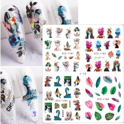 4pcs/Set Floral Leaf Girls Geometry Water Decal Stickers For Nail Art Transfer Slider Adhesive Nail Tattoo Pattern JII01-19-1