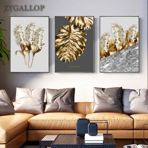 Abstract Golden Leaf and Flower Canvas Painting Modern Wall Art Poster Prints Nordic Decoration Wall Picture for Living Room