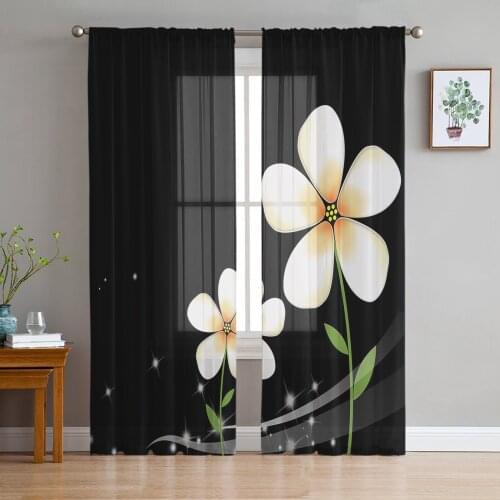 White Plumeria Black Window Curtains Bedroom Modern Drape Sheer Tulle Valances Living Room Kitchen Voile Curtain