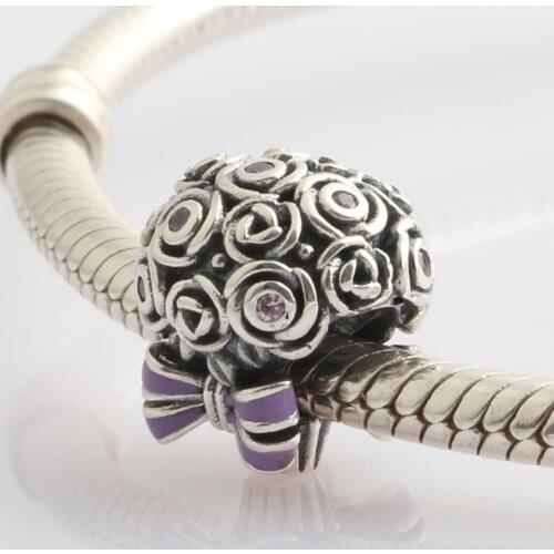 Authentic S925 Bead Flower Roses Charm fit Lady Bracelet Bangle Girl Birthday Gift DIY Jewelry