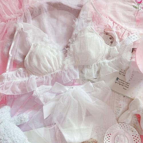 Girly Bowknot Fairy White Triangle Cup Bra Set Without Steel Ring Bride Three-dimensional Petals Lace Sexy Lingerie Sets
