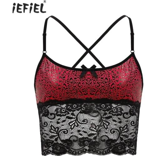 Mens Lingerie Sissy Leopard Printed Exotic Tanks Spaghetti Straps Cross Dresser Lace Camisole Vest Crop Top Nightwear Sleepwear