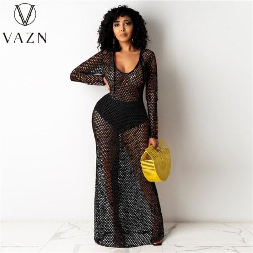 VAZN New 2021 Solid Summer Beach Deep Transparent Mesh Fabric Dress Sexy Regular Full Sleeve Dress Women Elegant Fashion Dress