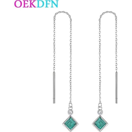 OEKDFN OL Real 100% 925 Sterling Silver Earrings Emerald Gemstone Drop Dangle Earrings Ear Lines Women Fine Jewelry Wholesale