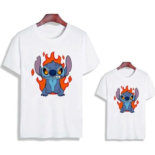 Harajuku Couple Tshirt Angry Lilo & Stitch Graphic Summer Fun Childrens Clothes Boys Girls Short Sleeve Fashion Woman Tops Tee