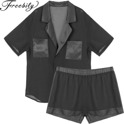 Mens Black Pajama Set Buttoned Short Sleeve Homewear See-through Chiffon Satin Tops with Shorts Nightwear