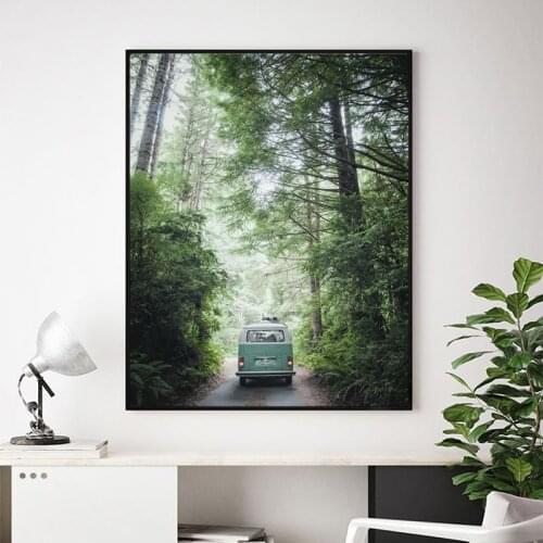 Nature Landscape Photography Posters and Prints Van Bus Travel Pictures , Forest Twilight Painting Living Room Wall Decor