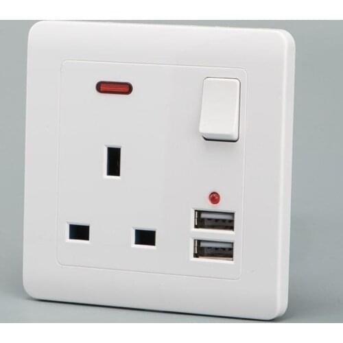 Socket UK Plug Two USB Charger Port Outlets Plate Single Switch 13A White