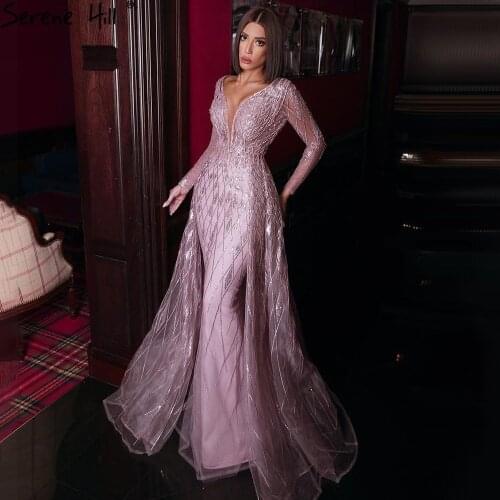 Serene Hill Muslim Pink Overskirt Evening Dresses 2021 Luxury Mermaid Beaded Elegant Party For Woman LA71197