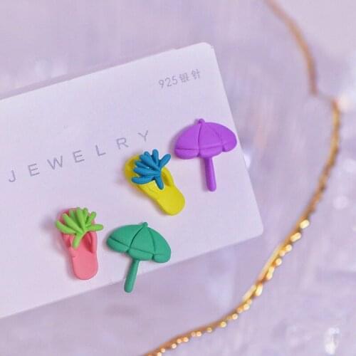 Korean Summer Lovely Asymmetric Earring For Women Girl Cute Candy Color Umbrella Slipper Stud Earring Boho Holiday Beach Jewelry