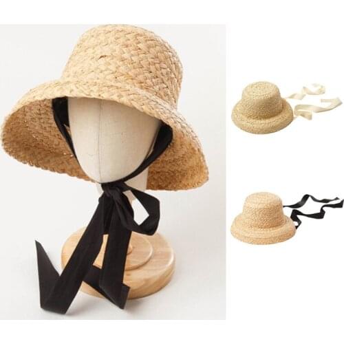 Toddler Kids Summer Handwoven Straw Sun Hat Large Wide Brim Vacation UV Protection Beach Cap with Ribbon Chin Strap