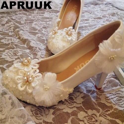 White lace flowers wedding shoes women female womens sweet handmade lace flowers brides party proms dress pumps shoes