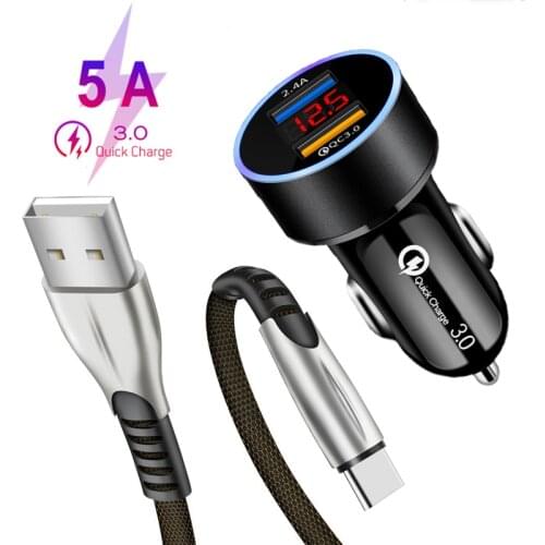 5A Fast Charging Type-c USB Data Wire QC 3.0 LED Car USB Charger For OPPO A52 A72 A92 Reno 2 2Z 3 4 Pro VIVO Y17 Phone Charger