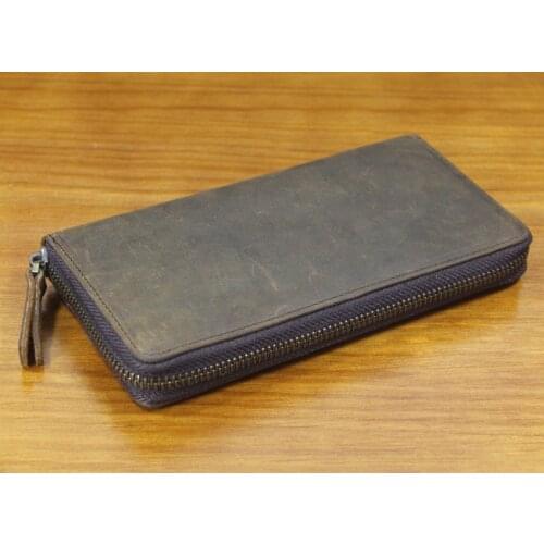 Vintage crazy horse Leather Mens Clutch Wallet Genuine Leather Zipper around Long Clutch Bag Coin Bag Purse Brown WF102