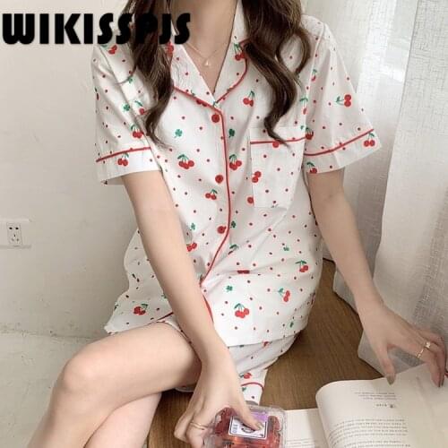 WIKISSPJS 2021 Summer New Cherry Print Housewear Short Sleeve Shorts Suit Pajamas for Women Womens Two Piece Sets Lounge Sets