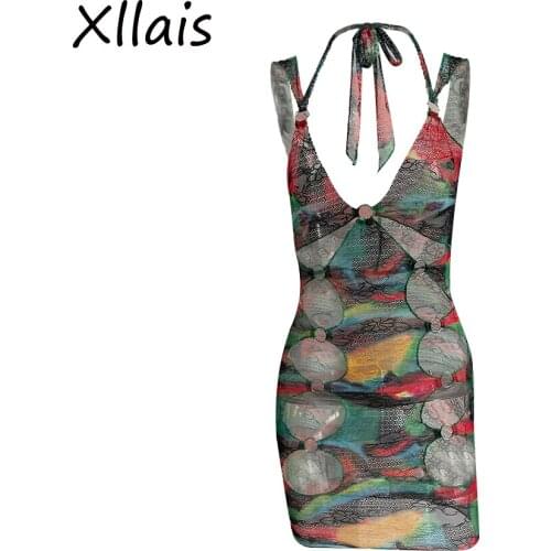 XLLAIS Ladies Sexy V-Neck Skirts Sexy Mesh Backless Robe Fashion Tie-Dye Printed Vestidos Elegant Party Birthday Club Mini Dress