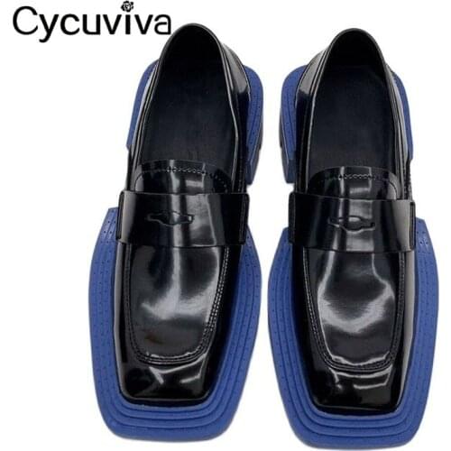 2021 New Platform Loafers Women Black Leather Flat Shoes Thick Sole Mules Square Toe Flats Formal Dress Shoes For Women