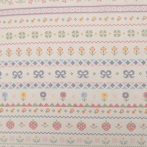 1 yard Cotton Linen Fabric for sewing pathwork, bedding, handmaking - Cross stitch style - Stripe and flowers (width=140cm)