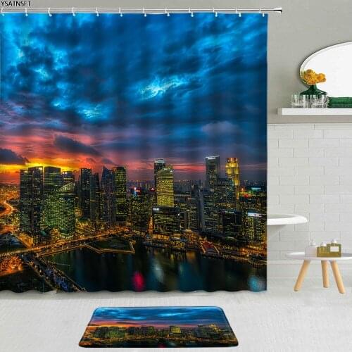 2Pcs City Architecture Scenery Shower Curtain Building Night View Fabric Non-Slip Bath Mat Bathroom Curtains Decor Set Washable