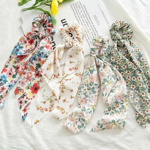 2021 New Womens Floral Printing Headband Fashion Retro Hair Scrunchie Long Ribbon Knot Elastic Hairband Retro Hair Accessories