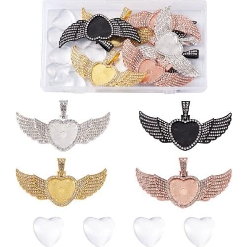 8sets/box Alloy Rhinestone Pendant Cabochon Settings 25mm Glass Cabochons Heart and Wing Glass for Jewelry Making DIY Supplies