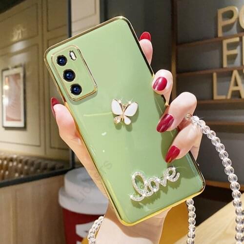 Case for OPPO Reno 5 4 Pro SE 10X ACE2 Find X2 Realme A92S K7X A91 A32 F17 A72 A5 Bowknot Diamond Crystal Lanyard Plating Cover